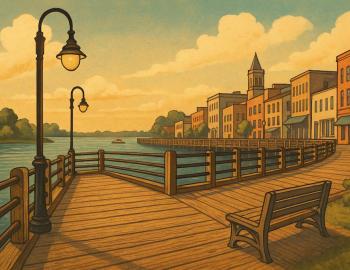 vintage style illustration of a riverwalk in a coastal north carolina town like Wilmington