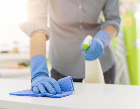 Housekeeper cleaning countertop