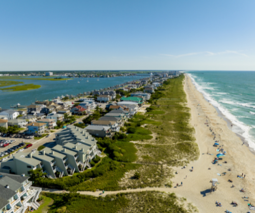 Aerial view of Wrightsville, NC Vacation Homes and Shoreline.