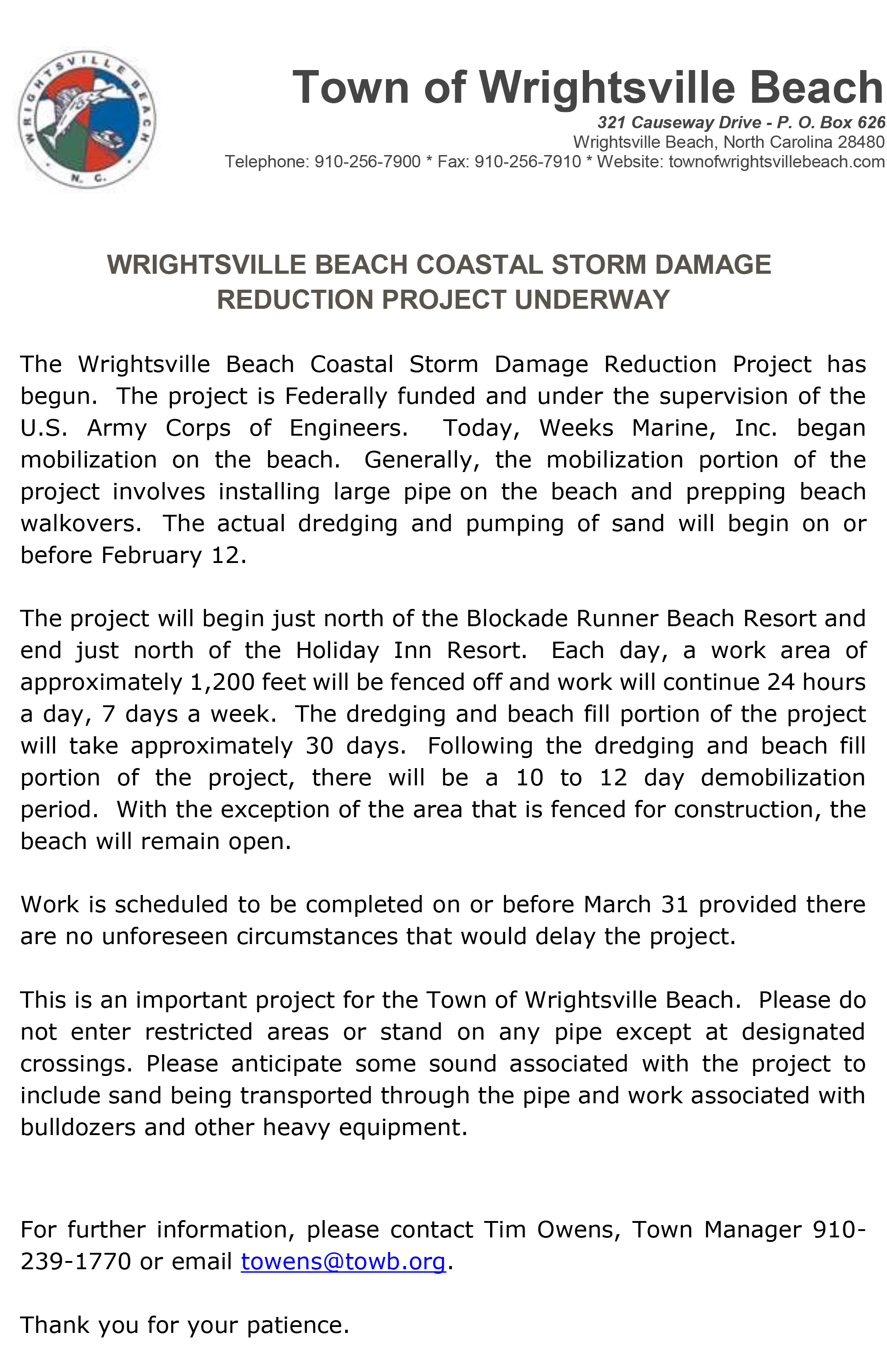 Town of Wrightsville Beach Announcement of Coastal Storm Damage Reduction Project